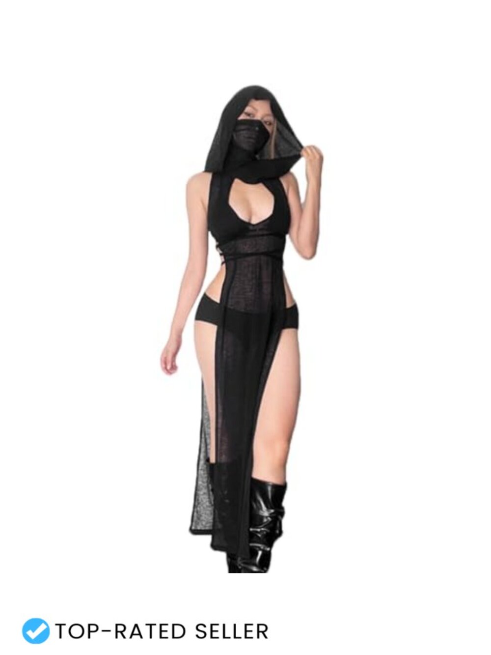 Women Sheer Mesh Hooded High Split Coverup Dress Rave Costume